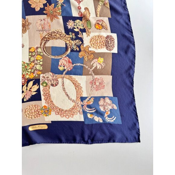 Vintage SALVATORE FERRAGAMO Navy Patchwork Silk Twill 34" x 33" Square Scarf - Picture 7 of 15